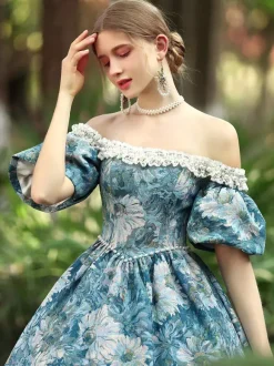 Light Sky Blue Retro Tudor Dress Costumes Women's Floral Print Polyester Dress Gothic Marie Antoinette Costume 18th Century Costume