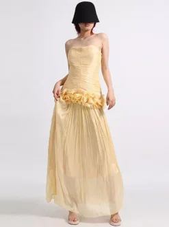 Lilac Strapless Ruched Waist Maxi Dresses For Women