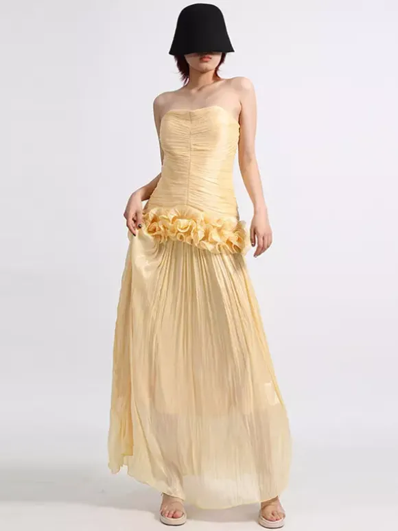 Lilac Strapless Ruched Waist Maxi Dresses For Women