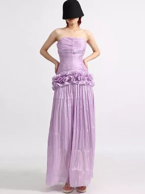 Lilac Strapless Ruched Waist Maxi Dresses For Women