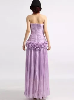 Lilac Strapless Ruched Waist Maxi Dresses For Women