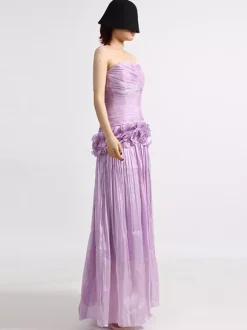 Lilac Strapless Ruched Waist Maxi Dresses For Women