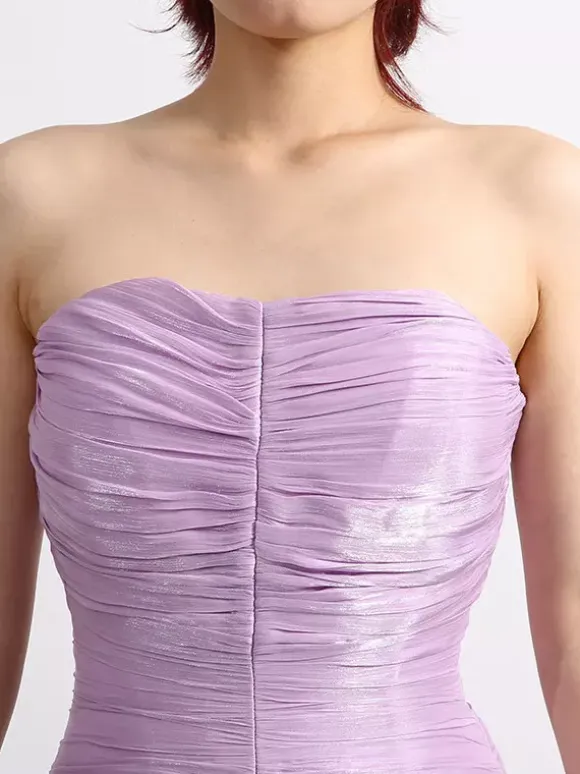 Lilac Strapless Ruched Waist Maxi Dresses For Women
