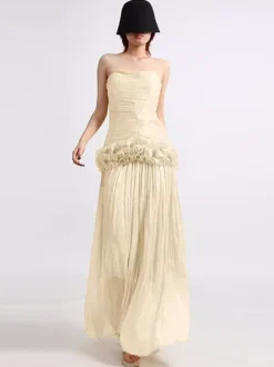 Lilac Strapless Ruched Waist Maxi Dresses For Women