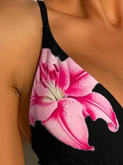 Lily Print Deep V Cross Back Tie One Piece Swimsuit
