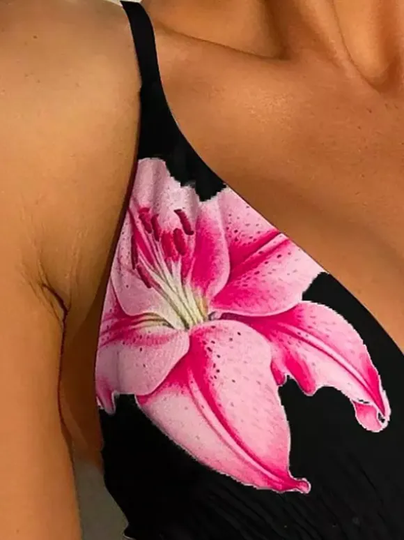 Lily Print Deep V Cross Back Tie One Piece Swimsuit