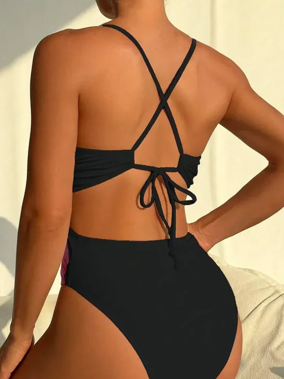 Lily Print Deep V Cross Back Tie One Piece Swimsuit