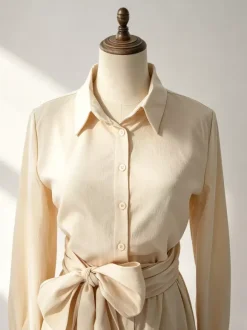 Linen Cotton 2 Piece Set For Women - Elegant Long Sleeves Belted Shirt And Wide Leg Pants - Summer Resort Style 2026