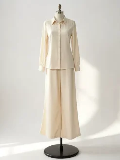 Linen Cotton 2 Piece Set For Women - Elegant Long Sleeves Belted Shirt And Wide Leg Pants - Summer Resort Style 2026