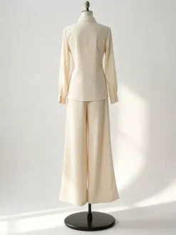 Linen Cotton 2 Piece Set For Women - Elegant Long Sleeves Belted Shirt And Wide Leg Pants - Summer Resort Style 2026