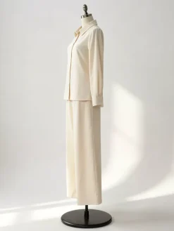 Linen Cotton 2 Piece Set For Women - Elegant Long Sleeves Belted Shirt And Wide Leg Pants - Summer Resort Style 2026