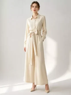 Linen Cotton 2 Piece Set For Women - Elegant Long Sleeves Belted Shirt And Wide Leg Pants - Summer Resort Style 2026
