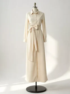 Linen Cotton 2 Piece Set For Women - Elegant Long Sleeves Belted Shirt And Wide Leg Pants - Summer Resort Style 2026
