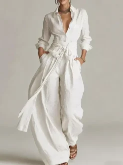 Linen Cotton 2 Piece Set For Women - Elegant Long Sleeves Belted Shirt And Wide Leg Pants - Summer Resort Style 2026