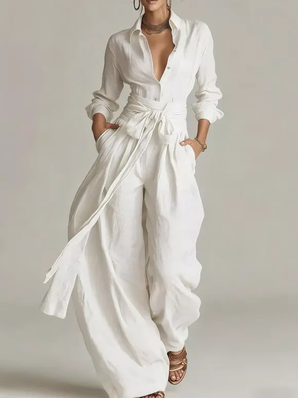Linen Cotton 2 Piece Set For Women - Elegant Long Sleeves Belted Shirt And Wide Leg Pants - Summer Resort Style 2026