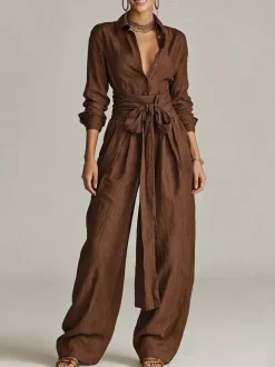 Linen Cotton 2 Piece Set For Women - Elegant Long Sleeves Belted Shirt And Wide Leg Pants - Summer Resort Style 2026