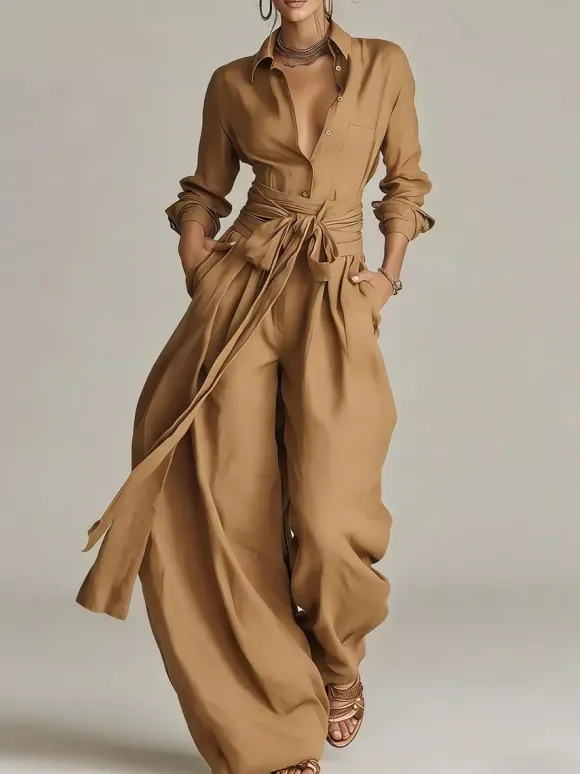 Linen Cotton 2 Piece Set For Women - Elegant Long Sleeves Belted Shirt And Wide Leg Pants - Summer Resort Style 2026