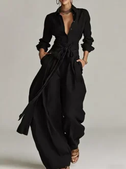 Linen Cotton 2 Piece Set For Women - Elegant Long Sleeves Belted Shirt And Wide Leg Pants - Summer Resort Style 2026