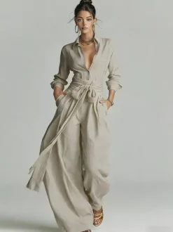 Linen Cotton 2 Piece Set For Women - Elegant Long Sleeves Belted Shirt And Wide Leg Pants - Summer Resort Style 2026