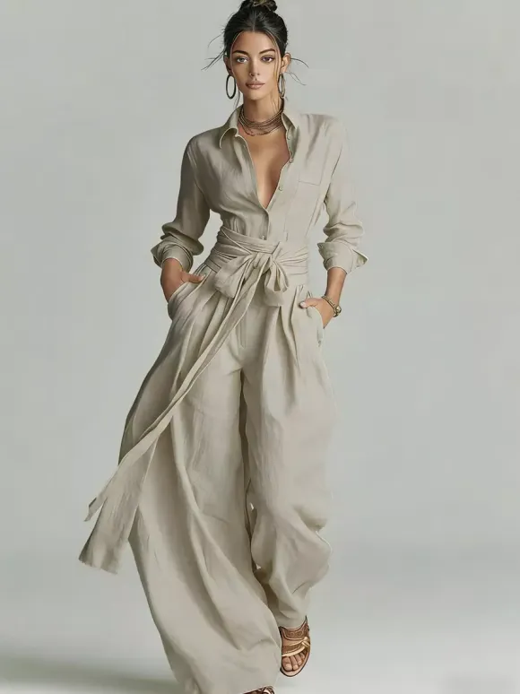 Linen Cotton 2 Piece Set For Women - Elegant Long Sleeves Belted Shirt And Wide Leg Pants - Summer Resort Style 2026