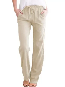 Linen Pants Elasric Waist Lace Up Pockets Loose Summer Casual Trousers