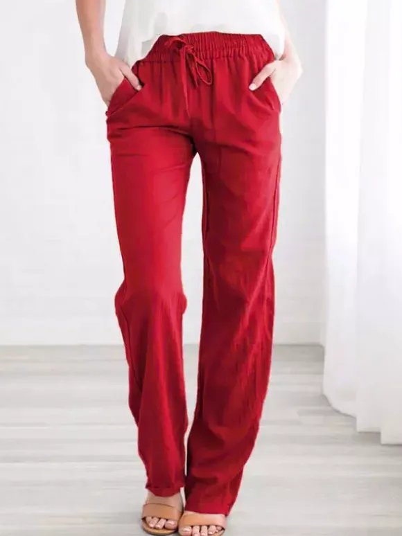 Linen Pants Elasric Waist Lace Up Pockets Loose Summer Casual Trousers