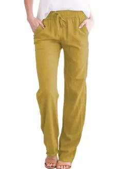 Linen Pants Elasric Waist Lace Up Pockets Loose Summer Casual Trousers