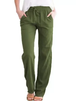 Linen Pants Elasric Waist Lace Up Pockets Loose Summer Casual Trousers