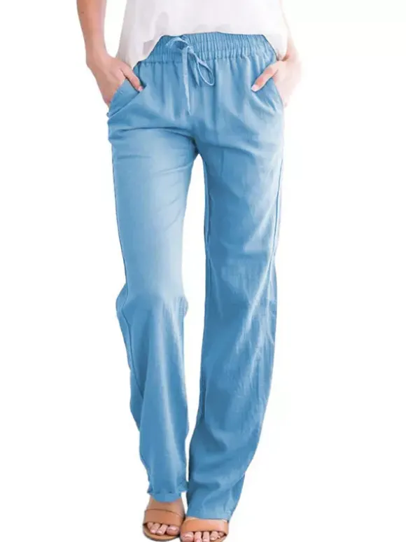 Linen Pants Elasric Waist Lace Up Pockets Loose Summer Casual Trousers