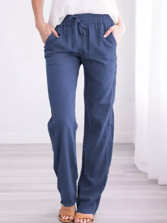 Linen Pants Elasric Waist Lace Up Pockets Loose Summer Casual Trousers