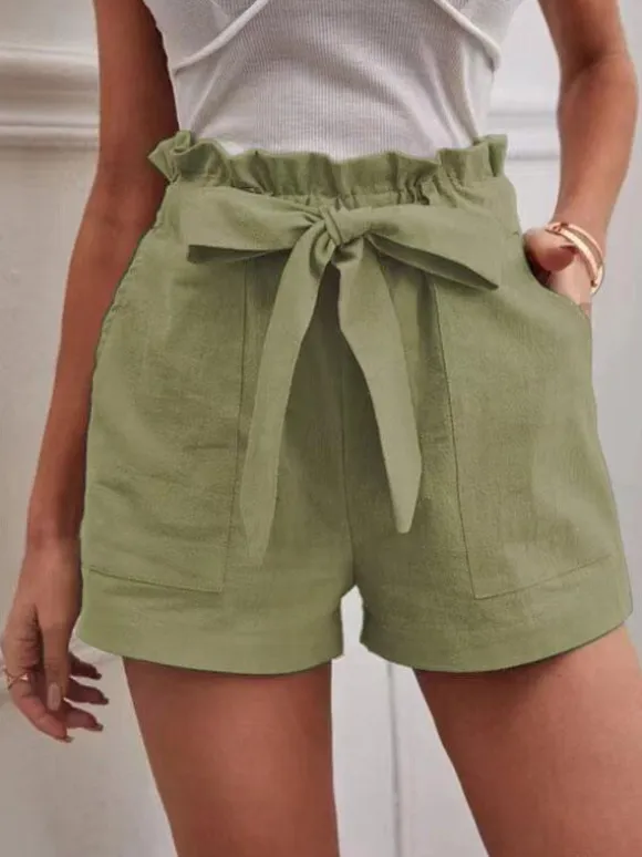 Linen Shorts Elastic Waist Bow Tie Pockets Cute Summer Bottoms