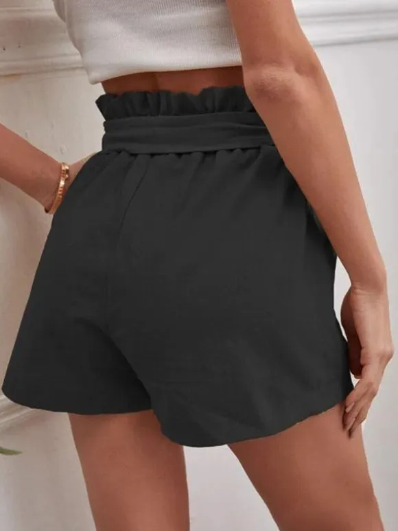 Linen Shorts Elastic Waist Bow Tie Pockets Cute Summer Bottoms