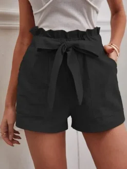 Linen Shorts Elastic Waist Bow Tie Pockets Cute Summer Bottoms