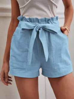 Linen Shorts Elastic Waist Bow Tie Pockets Cute Summer Bottoms