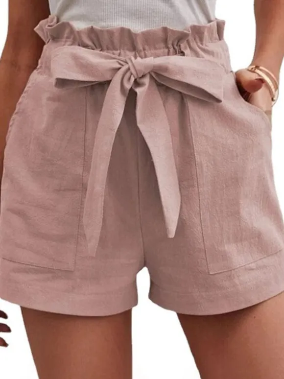 Linen Shorts Elastic Waist Bow Tie Pockets Cute Summer Bottoms