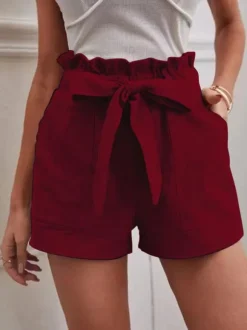 Linen Shorts Elastic Waist Bow Tie Pockets Cute Summer Bottoms