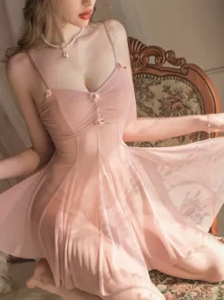 Lingerie Babydolls Chemises Dark Rose Pink Sheer Mesh Shaping Dress Nightgown