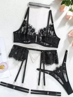 Lingerie Bras Black Rhinestones 3-Piece Bra For Woman