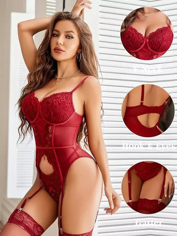 Lingerie Corset Lace Up Dark Navy Mesh Lace Bustier With Knee-high Socks