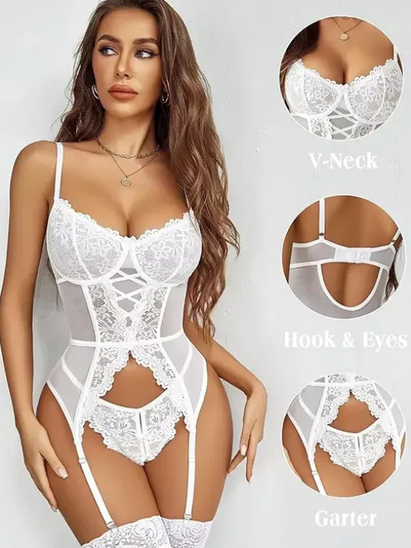 Lingerie Corset Lace Up Dark Navy Mesh Lace Bustier With Knee-high Socks