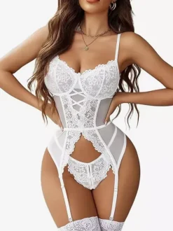 Lingerie Corset Lace Up Dark Navy Mesh Lace Bustier With Knee-high Socks
