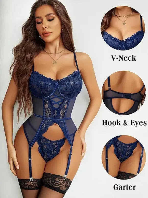 Lingerie Corset Lace Up Dark Navy Mesh Lace Bustier With Knee-high Socks