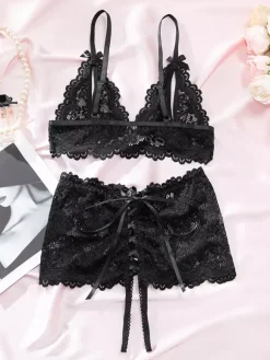 Lingerie Cupless Lace Black Bra Panty 2-Piece Sets