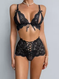 Lingerie Cupless Lace Black Bra Panty 2-Piece Sets