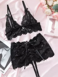 Lingerie Cupless Lace Black Bra Panty 2-Piece Sets