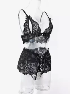 Lingerie Cupless Lace Black Bra Panty 2-Piece Sets