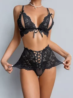 Lingerie Cupless Lace Black Bra Panty 2-Piece Sets