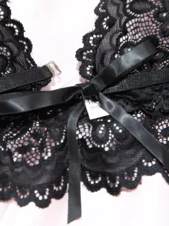 Lingerie Cupless Lace Black Bra Panty 2-Piece Sets