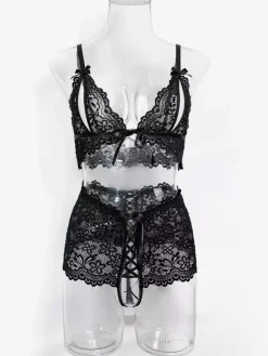 Lingerie Cupless Lace Black Bra Panty 2-Piece Sets