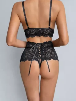 Lingerie Cupless Lace Black Bra Panty 2-Piece Sets